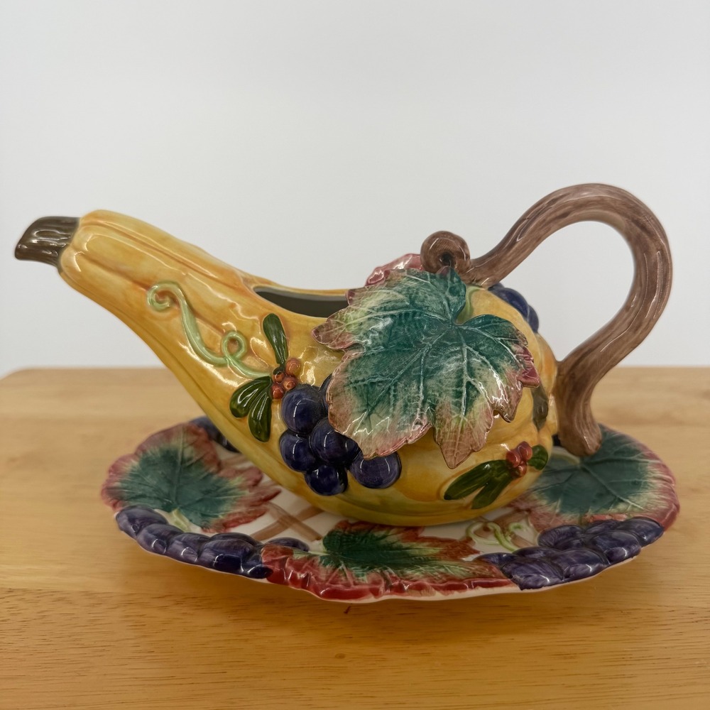 FF Fitz and Floyd Gravy Boat Saucer 1993 Yellow Gourd Grape Harvest Thanksgiving